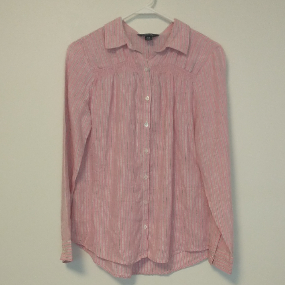 Lands' End 100% Linen Pink Striped Button Down Shirt Small 6-8